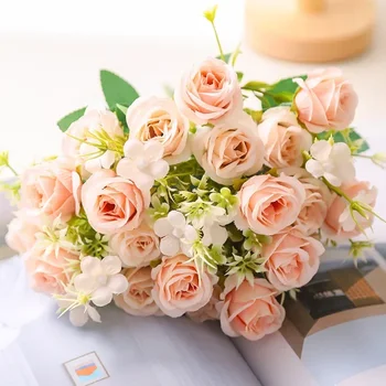 Букет искусственных ароматических роз, шелковые искусственные цветы, имитация зеленого растения, украшение гостиной цветами цвета шампанского