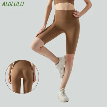 Летние шорты для йоги AL0lulu, бесшовный пояс с логотипом, Спортивные леггинсы для фитнеса, велосипедные шорты стрейч-формы, женские