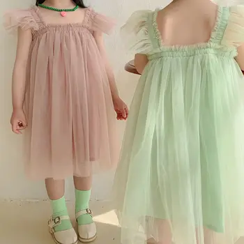 Новое летнее сетчатое платье на подтяжках с развевающимися рукавами для девочек, детские платья для дня рождения, бальное платье принцессы для девочек, Vestidos