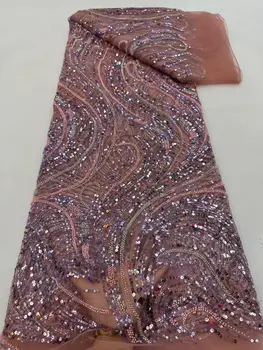 Высококачественная кружевная ткань из тюля в нигерийском стиле с бисером ZH-1302935, сетка с пайетками, Африканская кружевная ткань для вечернего платья