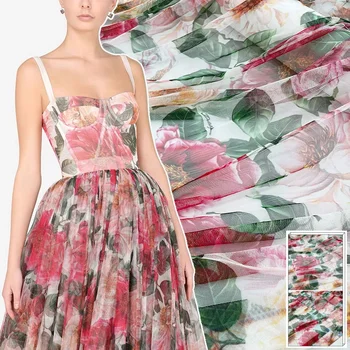 Роскошная брендовая ткань из 100% полиэстеровой сетки с цветочным принтом Пиона, весенне-летний стиль одежды для отдыха, ткани-рубашки для платья