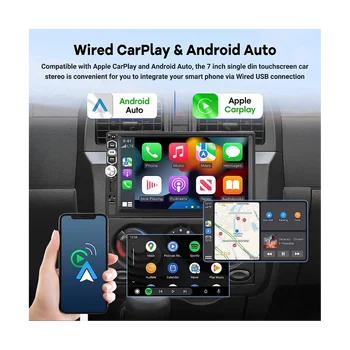 Автомобильная стереосистема Carplay Android Auto с одним Din, 7-дюймовое радио с сенсорным экраном, зеркальная связь / Bluetooth / FM-радио / Резервная камера + микрофон