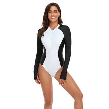 Женский цельный купальник, черный, белый, с высокой талией, с длинным рукавом, эластичный купальный костюм, женские купальники