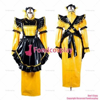 fondcosplay взрослая сексуальная кросс-одевалка сисси горничная длинное желтое тонкое платье из ПВХ с застежкой Униформа черный фартук CD / TV[G2199]
