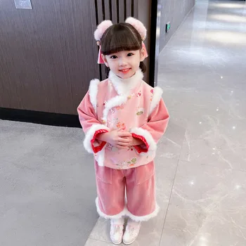 Новый костюм Хань Для девочек, Детское Новогоднее платье с Кроликом в Китайском стиле, Плюшевое Утолщенное Новогоднее платье из двух частей, Мода Тан