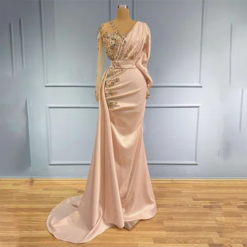 Элегантное розовое атласное вечернее платье с V-образным вырезом и длинными рукавами, Русалка, Дубай, Арабские платья для выпускного вечера с кружевными бусинами, платья знаменитостей