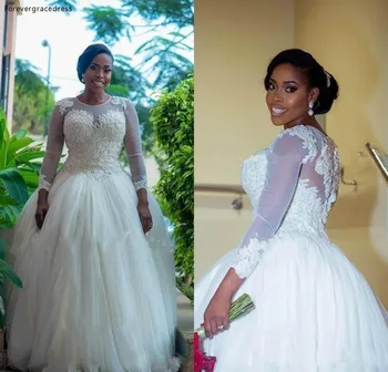 Кружевное свадебное платье с длинными рукавами, бальное платье, прозрачное свадебное платье на заказ, большие размеры