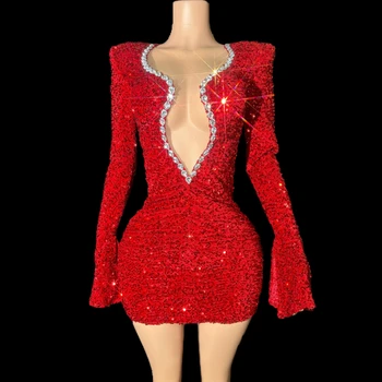 Блестящие красные пайетки, стразы, короткое платье, женское сексуальное платье с глубоким V-образным вырезом, вечернее платье для празднования Дня рождения, одежда для выступлений на сцене