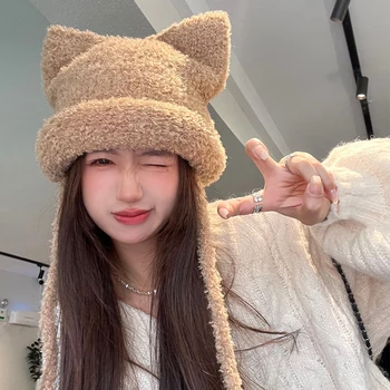 Японский вязаный пуловер с милыми кошачьими ушками, женская осенне-зимняя теплая кепка для защиты ушей, плюшевая бархатная модная кепка-ведро