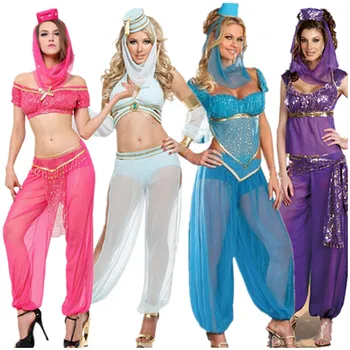 Наборы костюмов для арабских танцев для взрослых, Сексуальная Богиня, ДЖИНН, Жасмин, Аладдин, Наряды принцессы, Платье Арабской Танцовщицы живота