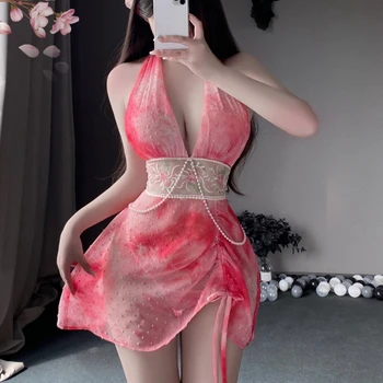 Сексуальное женское белье, старинная юбка, вышивка в китайском стиле, газовое платье с глубоким V-образным вырезом, модные элегантные женские экзотические костюмы