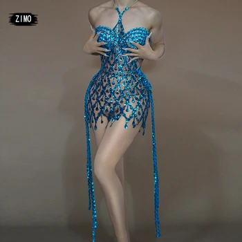 Синее сетчатое вечернее платье для певицы трансвестита, клубная вечеринка, день рождения, специальное предложение, сексуальный костюм, рейв-ди-джей DS