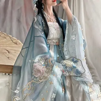 Ручная Вышивка Hanfu, Вышитая Тангом Рубашка С Большим Рукавом, Юбка Khov, Цельное Китайское Традиционное Платье длиной до груди, Традиционное Платье для Женщин