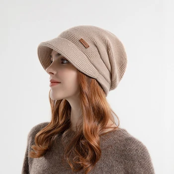 Новая зимняя вязаная шапочка-бини, женские уличные ветрозащитные теплые шапки с бархатной подкладкой, модная однотонная широкополая кепка Ladise