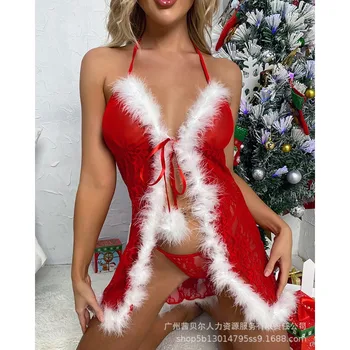 Новые женские Рождественские пижамные комплекты, Модный сетчатый комплект нижнего белья, кружевное пушистое рождественское платье-сорочка
