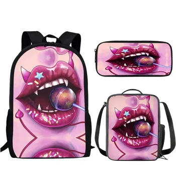 3 шт./компл. Красочные школьные сумки с дизайном красных губ, студенческий рюкзак большой емкости для женщин, мужской повседневный рюкзак большой емкости