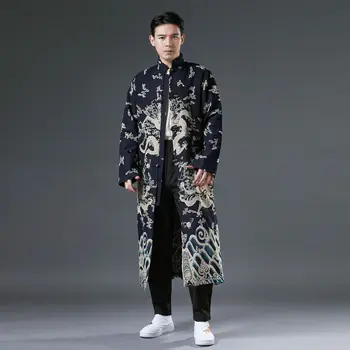 Халат на пуговицах в китайском стиле, мужской халат с принтом Дракона, Хлопчатобумажные льняные топы Tang, Повседневная рубашка с мандариновым воротником, пальто-кимоно Harajuku.