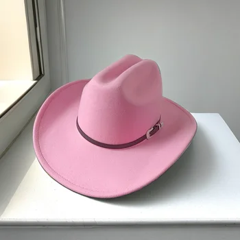 Розовая винтажная унисекс Винтажная фетровая шляпа с широкими полями, Ковбойская шляпа, ковбойская шляпа для девушки в западном стиле с кисточкой, тканая фетровая шляпа размером 58-59