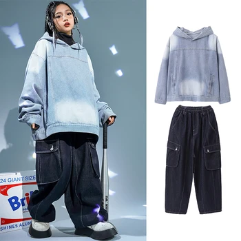 Одежда в стиле хип-хоп для девочек, джинсовые топы, свободные брюки, одежда в стиле Kpop, костюм для уличных танцев, детский праздничный наряд DL11345