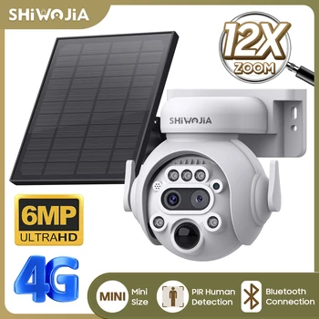 SHIWOJIA 3K 6MP Солнечная камера 4G/ WIFI, мини-камера безопасности на открытом воздухе, 12-кратная Двухобъективная камера видеонаблюдения с батареей 7800mA