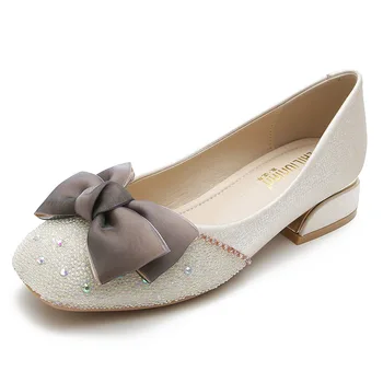 Женские туфли-лодочки с узлом бабочки на низком каблуке, женская рабочая обувь для свадебной вечеринки, 328-18