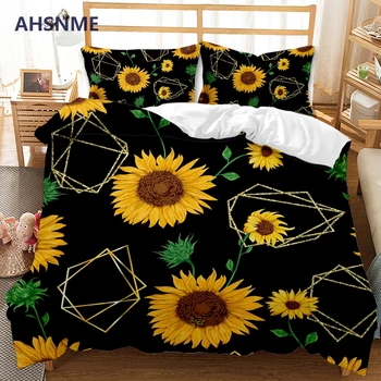 AHSNME Ярко-желтый комплект постельного белья с подсолнухом, стеганое одеяло с принтом для рынка King Queen Size, можно настроить постельное белье с рисунком