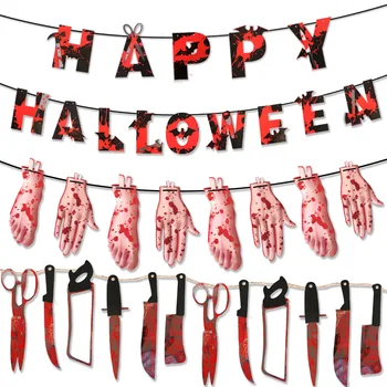 Страшный баннер Кровавой вечеринки на Хэллоуин, поддельные Руки, ноги, украшения из зомби и вампиров, Дома с привидениями, Подвешенные на стене во дворе, Дверные проемы