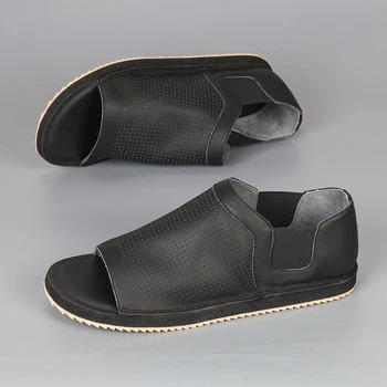 Мужские сандалии кожаные летние на мягкой подошве с ленивой педалью кожаные дышащие пляжные сандалии