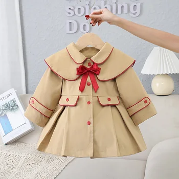 Пальто с длинными рукавами и бантом для девочек, весна-осень, детская ветровка для младенцев, куртка для отдыха по контракту