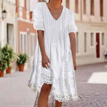 Белое повседневное платье, женское модное кружевное платье Макси с V-образным вырезом и коротким рукавом, Весенне-летнее Свободное универсальное пляжное платье для женщин