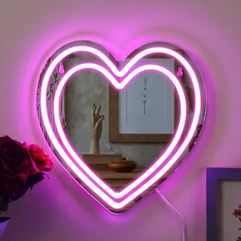 Двойная неоновая вывеска в форме сердца, зеркало в форме сердца, светящаяся вывеска для декора стен спальни с питанием от USB и регулируемым переключателем