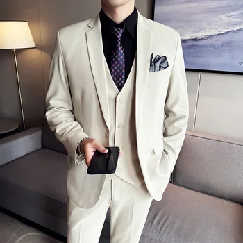 2023, изысканный джентльмен (костюм + жилет + брюки), новый модный красивый трендовый комплект из трех предметов для британской вечеринки