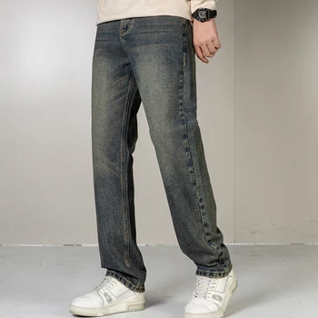 Новые винтажные джинсы Мужские прямые свободные модного бренда American High Street Универсальные повседневные длинные джинсовые брюки Прямая поставка