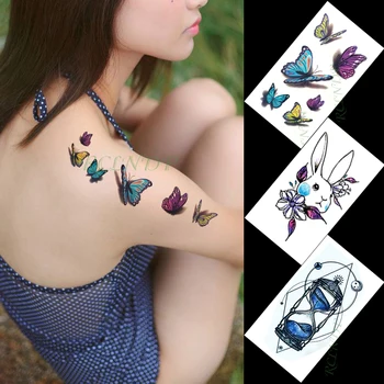 Водонепроницаемая временная татуировка, цветная наклейка, бабочка, кролик, цветок, песочные часы, тату, флэш-тату, поддельные татуировки для женщин, мужчин, детей