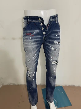 2023 весна и осень, новый стиль, джинсы D2, мужские, выстиранные, дырявые, заплатка, краска, микро-пулевая вышивка, прямые синие джинсы, мужские
