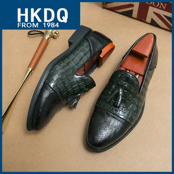 HKDQ/ Модные Кожаные лоферы С кисточками, Мужские Зеленые Удобные мужские модельные туфли без застежки, Элегантная мужская светская обувь с острым носком, Официальная обувь