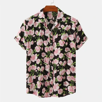 Мужская повседневная рубашка в стиле Харадзюку с винтажным цветочным принтом, летняя гавайская рубашка с коротким рукавом
