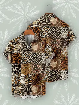 Высококачественная мужская рубашка Летние Лоскутные Топы с леопардовым принтом С коротким рукавом Camisas De Hombre Повседневные рубашки для мужчин Больших размеров Пляжные