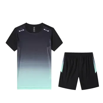 Мужские летние спортивные комплекты для бега градиентного цвета Плюс размер, рубашка с коротким рукавом и круглым вырезом, шорты, спортивная майка для футбола, комплект одежды