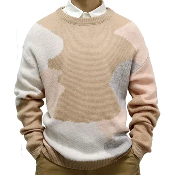 Мужской свитер, весенне-осенний контрастный тонкий пуловер, трикотажные топы с круглым вырезом и длинным рукавом, домашняя одежда