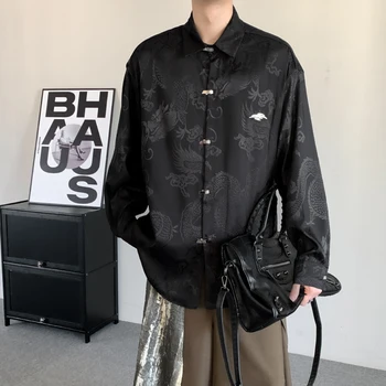 SYUHGFA 2024 Весна, Атласно-жаккардовая рубашка с отложным воротником и длинным рукавом в китайском стиле, Свободные рубашки с одной бретелью, мужская Одежда