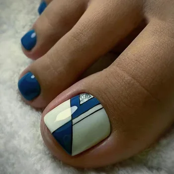 24шт Простые французские накладные ногти на ногах с сине-белой линией, полное покрытие, короткие Квадратные накладные ногти на ногах, кончики ногтей на ногах для женщин и девочек