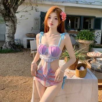 2024 Корейский женский цельный купальник на подтяжках в виде раковины Русалки, тонкий Сексуальный праздничный купальник без спинки и талии, пляжная одежда