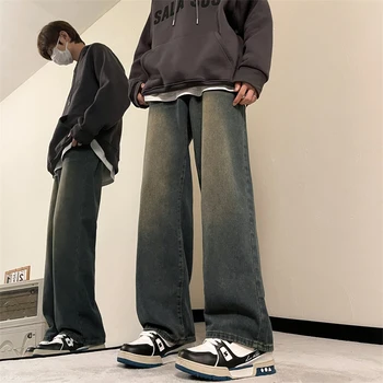 2023 Мужские джинсы Корейская версия Студенческих повседневных брюк High Street Винтажные выстиранные Прямые Свободные Широкие джинсовые брюки B158