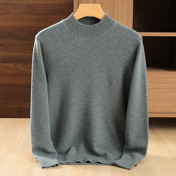 Мужской шерстяной свитер, вязаный свитер с утолщенным низом с полувысоким воротником, можно носить снаружи осенью и зимой 2023 года