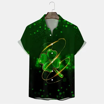 Мужская рубашка, рубашки в честь Дня Святого Патрика, Блузки в честь Ирландского национального праздника, Топы с клевером, Зеленые летние кофточки с отворотом