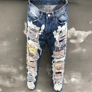 Облегающий деним Панк Джинсы Уличная одежда Заплатка с дырками Узкие брюки Качественные мужские уличные джинсы в стиле пэчворк Стрейч Джинсы