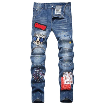Осенние модные мужские джинсы на молнии с вышитой аппликацией, повседневные брюки в стиле хип-хоп со средней талией, брюки-карандаш с отстрочкой