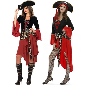 Косплей Пиратское платье Женские костюмы на Хэллоуин для леди Сексуальная юбка Играть роль морского разбойника Одежда пирата со шляпой Комплект Рождество