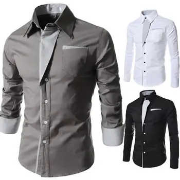 Модная приталенная мужская верхняя рубашка с длинным рукавом и воротником-стойкой, цветная блочная верхняя одежда на пуговицах